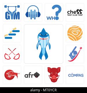 Satz von 13 Einfache editierbare Ikonen wie Shark Maskottchen, compas, Boars Head, Afro, Stier, Kricket, Regenschirm, Golden Rose, Level up für mobile verwendet werden können, Stock Vektor