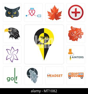 Satz von 13 Einfache editierbare Ikonen wie, Headset, Wolf, Golf, Maler, Lilie, Blume, Bär, Adler Kopf kann für mobile verwendet werden, die Web-UI Stock Vektor