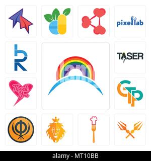 Satz von 13 Einfache editierbare Ikonen wie Regenbogen, trishul, resturent, Juda und der Löwe, Sikhismus, Gtp, Danke, Taser, Hrd für mobile, w verwendet werden Stock Vektor