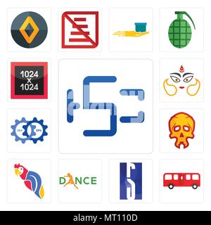 Satz von 13 Einfache editierbare Ikonen wie hsc, Bus, RS, Tanz, Papagei, Schädel, devops, Durga, 1024 x 1024 für mobile verwendet werden können, Web-UI Stock Vektor