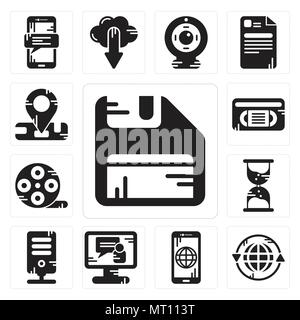Satz von 13 Einfache editierbare Symbole, wie Disketten, Erde, Smartphone, Videokonferenz, Server, Sanduhr, Filmrolle, VHS, Lage kann für Mobi verwendet werden. Stock Vektor