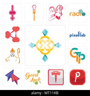 Satz von 13 Einfache editierbare Ikonen wie Schmuck, Pöcking, Tesla, Goodluck, Telegramm, Gtp, Hanuman, pixellab, Teilen png kann für mobile, Web verwendet werden. Stock Vektor