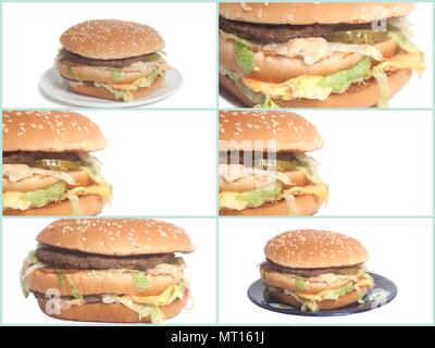 Lecker Big Burger Collage auf weißem Hintergrund Stockfoto