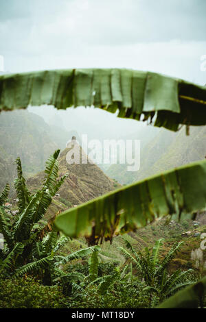 Berggipfel von Xo-xo Tal sichtbar durch den bananenblättern Frame das Tal hinunter. Eine der besten Trekking Route auf Santo Antao, Kap Verde. Bewölkt Stockfoto