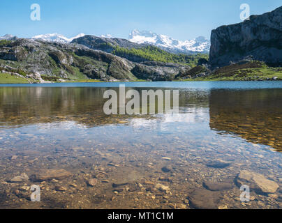 Alpine Mountain Lake Landschaft. Ercina See im Nationalpark Picos de Europa, Spanien, Asturien. Schnee auf den Gipfeln. Stockfoto