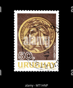 Storniert Briefmarke gedruckt von Uruguay, das Porträt von Dante Alighieri, circa 1966. Stockfoto