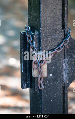 Nahaufnahme einer rostigen Kette und eines Vorhängeschlosses, die ein verwittertes Holztor sichern, symbolisieren Einschränkung, Verlassenheit oder Zugangskontrolle zu Privateigentum Stockfoto