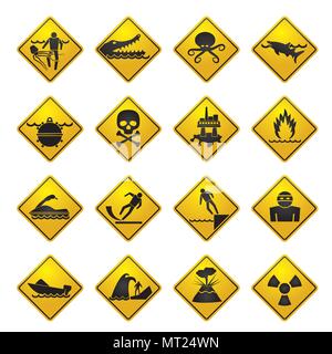Warnschilder für Gefahren im Meer, Ozean, Strand und Flüsse - Vektor Icon Set 1. Stock Vektor