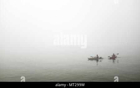 Kajakfahrer und Sportboote in Port Stanley Hafen unter einer Decke von dichtem Nebel. Stockfoto