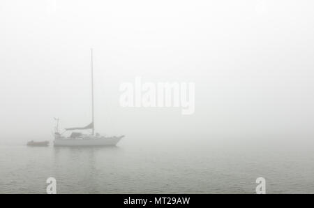 Kajakfahrer und Sportboote in Port Stanley Hafen unter einer Decke von dichtem Nebel. Stockfoto