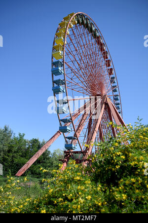 Berlin, Deutschland. 25 Mai, 2018. 25.05.2018, Berlin: Das Riesenrad auf dem Gelände des ehemaligen DDR-Vergnügungspark in der Planterwald. Die Spree Park wurde wild und sollte nun wieder belebt werden. Quelle: Britta Pedersen/dpa | Verwendung weltweit/dpa/Alamy leben Nachrichten Stockfoto