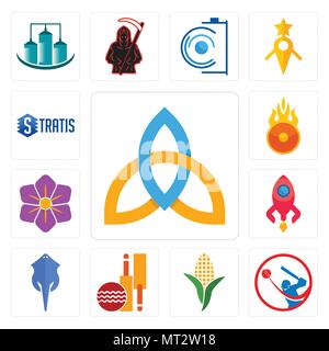 Satz von 13 Einfache editierbare Ikonen wie heilige Dreifaltigkeit, Batsman, Mais Halm, Cricket Club, Stingray, rocketship, Safran, o Feuer, stratis können verwendet Fo. Stock Vektor