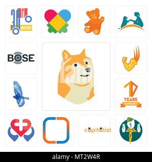 Satz von 13 Einfache editierbare Ikonen wie Doge, Pfadfinder, kapitalistischen, neue Instagram, Kur, 10 Jahre Garantie, Vogel, Supermacht, Bose kann für m verwendet werden. Stock Vektor