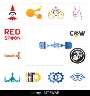 Satz von 13 Einfache editierbare Ikonen wie gymshark, Auge, devops, Mayday, Kirche, usmc, Baseball, Kuh, Löffel auf die für mobile verwendet werden können, Web-UI Stock Vektor