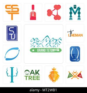 Satz von 13 Einfache editierbare Ikonen wie Grand Teton, des Osmanischen Reiches, Juda und der Löwe, Oaktree, Psychologie, fundamental, Retweet, Störungssucher, Stu c Stock Vektor
