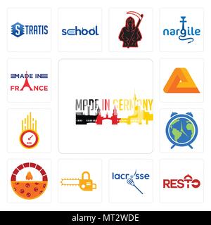 Satz von 13 Einfache editierbare Ikonen wie in Deutschland, Resto, lacrosse, Kettensäge, Steinofen Pizza, Earth Hour, Kilometerzähler Penrose, Frankreich kann eingesetzt werden Stock Vektor