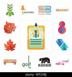 Satz von 13 Einfache editierbare Ikonen wie ID-Karte, Make up, Black Bear, Golf,, Diamant, Maple Leaf, Nummer 8, Bär Kopf für mobile verwendet werden können, Web-UI Stock Vektor