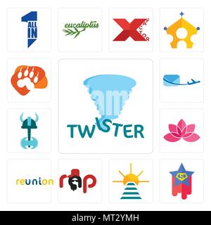 Satz von 13 Einfache editierbare Ikonen wie Twister, Superstar, Rise and Shine, Rap, Reunion, Lotos, viking, Air Mail, Lion paw für mobile verwendet werden, wir Stock Vektor
