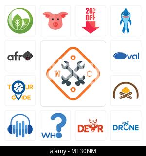 Satz von 13 Einfache editierbare Ikonen wie Arbeiterklasse, drone Fotografie, Liebe, audio-visuelle, Ofen, Reiseführer, oval, Afro kann für Mobi verwendet werden. Stock Vektor