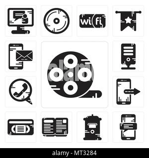 Satz von 13 Einfache editierbare Ikonen wie Filmrolle, Smartphone, Mailbox, offenes Buch, VHS, Anruf, Server, Smartphone kann für mobile verwendet werden, die Web-UI Stock Vektor