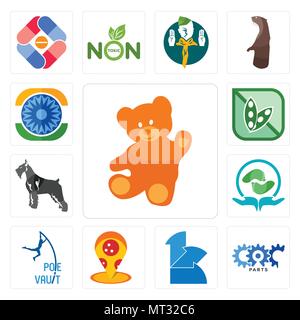 Satz von 13 Einfache editierbare Ikonen wie, Carparts, 111, Pizzeria, Stabhochsprung, Akupressur, Schnauzer, Soja, Ashok Chakra für mobile verwendet werden. Stock Vektor