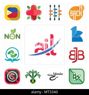 Satz von 13 Einfache editierbare Ikonen wie ail, Soja, Black Mamba, Jamaika, kein copyright, Bbj, Akupressur, 111, nicht toxisch für mobile, w verwendet werden kann. Stock Vektor