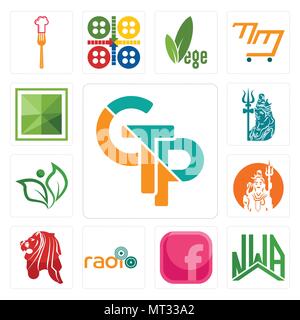 Satz von 13 Einfache editierbare Ikonen wie Gtp, nwa, Rosa fb,, Singapur Löwe, Shiv, Blatt, Lord Shiva, Platz für mobile verwendet werden, die Web-UI Stock Vektor