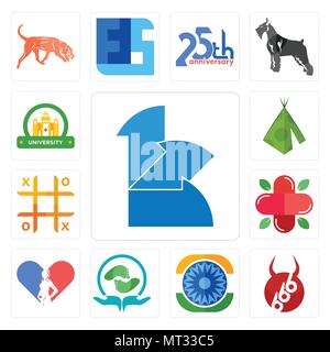 Satz von 13 Einfache editierbare Ikonen wie 111, 666, Ashok Chakra, Akupressur, Gynäkologe, Apotheke, Tic Tac Toe, teepee, Universität kann für Mo verwendet werden. Stock Vektor