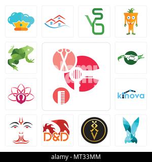 Satz von 13 Einfache editierbare Ikonen wie Salon, Täuschung, Luxus, Kerker und Drachen, anjaneya, kinova, Lotus, Crocs, Big Frog für mobile verwendet werden, Stock Vektor