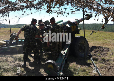 Rumänische Soldaten von 285 Artillerie Bataillons last Munition in 152 mm abgeschleppt gun-Haubitze M 1955 bei einem Brand Mission während der Übung Sabre Guardian Cincu Training Center, Cincu, Rumänien vom 14. Juli 2017. Sabre Guardian 2017 ist eine multinationale militärische Übung mit rund 25.000 Soldaten aus 23 teilnehmenden Nationen. Die Übung ist Teil der US-European Command der Gemeinsame übung Programm zur Steigerung der Gemeinsamen kombinierte Interoperabilität zwischen bulgarischen, rumänischen, ungarischen, USA, NATO-Verbündeten und andere Partnerschaft für den Frieden der Nationen. (U.S. Armee Foto Stockfoto