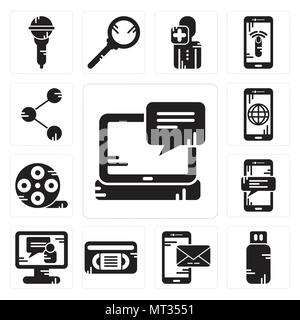 Satz von 13 Einfache editierbare Ikonen wie Laptop, Pendrive, Smartphone, VHS, Video, Film reel, Teilen können für mobile verwendet werden, die Web-UI Stock Vektor