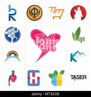 Satz von 13 Einfache editierbare Ikonen wie Danke, Taser, Homöopathie, allgemeines Krankenhaus, Superheld, k Berg, Regenbogen, vegetarisches, Jiu Jitsu kann verwendet werden, um f Stock Vektor