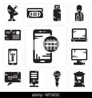 Satz von 13 Einfache editierbare Ikonen wie Smartphone, Mailbox, Mikrofon, Server, Chat, Display, Laptop, Brief kann für mobile verwendet werden, die Web-UI Stock Vektor