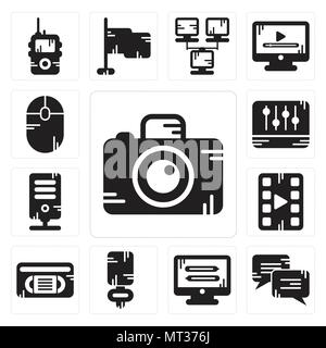 Satz von 13 Einfache editierbare Ikonen wie Foto Kamera, Chat, Monitor, Mikrofon, VHS, Video Player, Server, Level, Maus kann für mobile, Web verwendet werden. Stock Vektor
