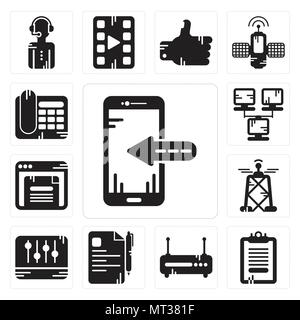 Satz von 13 Einfache editierbare Ikonen wie Smartphone, Zwischenablage, Router, Datei, Ebenen, Antenne, Browser, Netzwerk, Telefon kann für mobile, Web verwendet werden. Stock Vektor