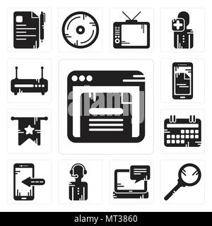 Satz von 13 Einfache editierbare Ikonen wie Browser, Suche, Laptop, News Reporter, Smartphone, Kalender, Banner, Router für Mobile verwendet werden, die Web-UI Stock Vektor