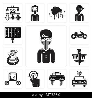 Satz von 13 Einfache editierbare Ikonen wie Google Gläser, Auto, fliegenden Auto, Tippen, Fahrzeug, Drone, erobert, Motorrad, Solar Panel für mobil verwendet werden. Stock Vektor