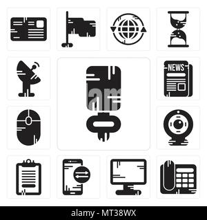 Satz von 13 Einfache editierbare Ikonen wie Mikrofon, Telefon, Display, Smartphone, Zwischenablage, Webcam, Maus, Zeitung, Satellitenschüssel kann verwendet Fo. Stock Vektor