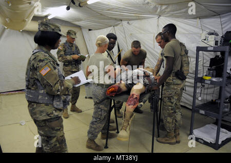 Oberstleutnant David Douglas und Oberstleutnant Tryphäna Lewis, Beobachter Trainer mit medizinischen Bereitschaft und Weiterbildung Befehl Trainer, beobachten Sie Soldaten 3. Medizinischen Befehl (Support) 345 Combat Support Hospital während der globalen Medic 2017 am Fort Hunter Liggett, Kalifornien zugewiesen. Die fast 250 Soldaten in die CSH zugewiesen haben die ersten paar Tage einrichten das Krankenhaus und das Erhalten sie bereit zu beginnen, die Patienten. Die Übung läuft 8-28 Juli 2017. Global Medic einzigartige Ausbildung ermöglicht die US Army Reserve medizinische Geräte neben ihrer multi-Komponente und gemeinsame pa zum Zug Stockfoto