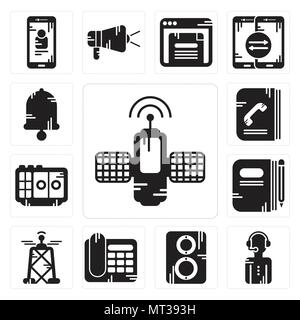 Satz von 13 Einfache editierbare Symbole wie Satellit, News Reporter, Lautsprecher, Telefon, Antenne, Buch, Voice Recorder, Telefonbuch, Bell kann verwendet werden für Stock Vektor