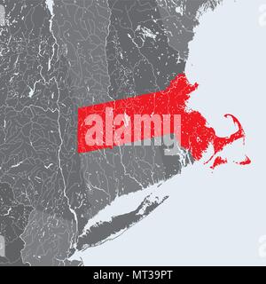 Der USA-Karte von Massachusetts. Hand gemacht. Flüsse und Seen sind dargestellt. Bitte sehen Sie sich meine anderen Bilder von kartographischen Serie - sie sind alle sehr d Stock Vektor