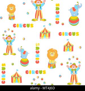 Fröhlicher Zirkus zeichen Vektor nahtlose Muster. Clown Jongleur, Elefant auf der Kugel, Löwe und Zirkuszelt auf dem weißen Hintergrund isoliert Stock Vektor