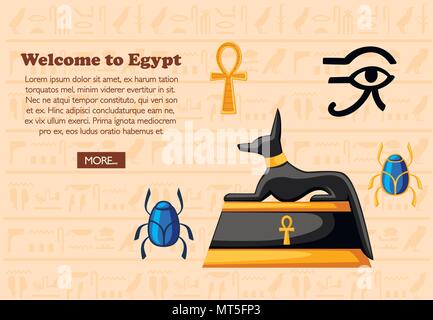 Nach Ägypten Willkommen. Travel Concept. Antike Ägyptische Symbole und Dekoration. Flache Symbole Vector Illustration auf Hieroglyphen Textur Hintergrund. Website Stock Vektor