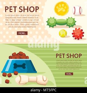 Pet Shop Konzept. Schüssel, Bälle und Spielzeug Knochen. Vector Illustration auf Hintergrund, die mit einer punktierten Linie und Textur. Für Ihren Text. Webseite und mob Stock Vektor