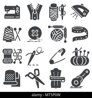 Einfaches Nähen ergänzende Vector Icons. Enthält solche Ikonen wie Nähmaschine, Maßband, Wolle und mehr Stock Vektor