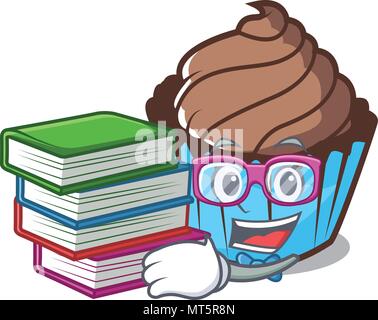 Schüler mit Buch chocolate Cupcake Maskottchen Karikatur Stock Vektor