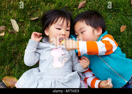 Zwei glückliche kleine asiatische Kinder spielen im Freien im sonnigen Park Stockfoto