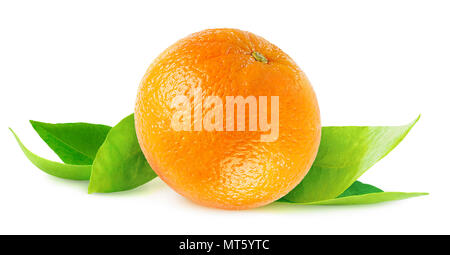 Isolierte orange. Eine ganze orange Frucht auf frische Blätter auf weißem Hintergrund mit Freistellungspfad isoliert Stockfoto