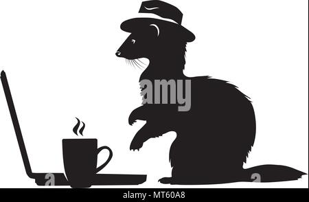 Schwarz-weiss Logo. Mit Hut Eingabe von Nachrichten und trinken Kaffee Frettchen. Stock Vektor