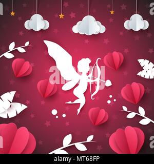 Amor, Engel, Herz - Papier Abbildung. Cloud, Stern, Blatt. Stock Vektor